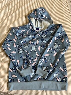 Girls' Blue Stitch-Print Hooded Pullover Sweatshirt